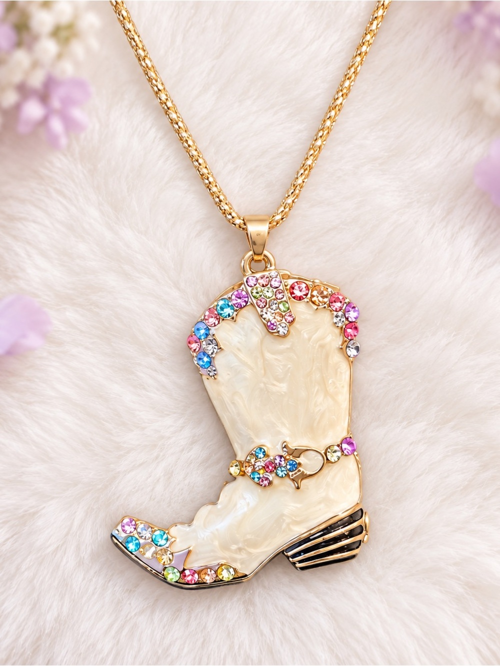 Betsey Johnson Gold-Tone Multicolor Crystal Cowgirl Boot Pendant Necklace